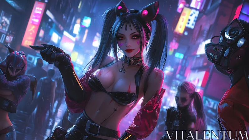 Neon-drenched cyberpunk street vixen under rain-slick billboards.