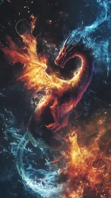 Elemental dragon coils in balanced fire and water energy arcs