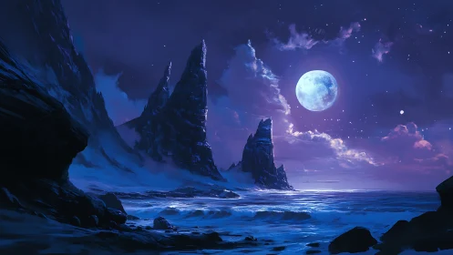 Moonlit Coastal Spires: Nocturnal Fantasy Landscape.