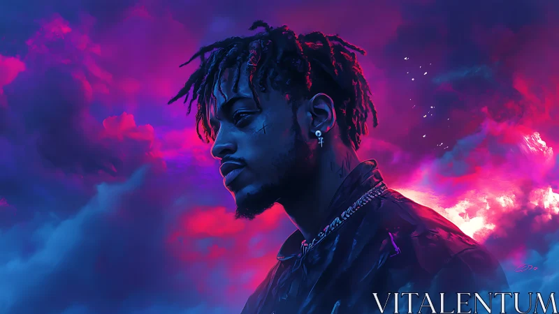 Moody neon portrait glows against vivid cyberpunk sky.