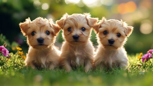 Photorealistic portrait of three puppies in garden light.
