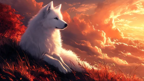 White wolf observes a blazing sunset in painterly chromatic depth