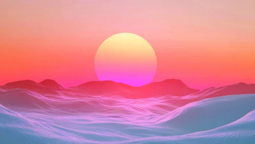 Neon sun rises over pastel dunes in surreal horizon