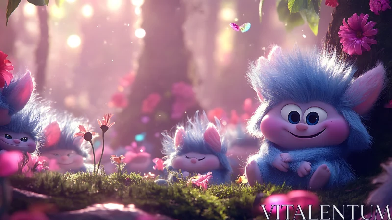 Blue fluffy forest creatures relax in glowing pink woods.