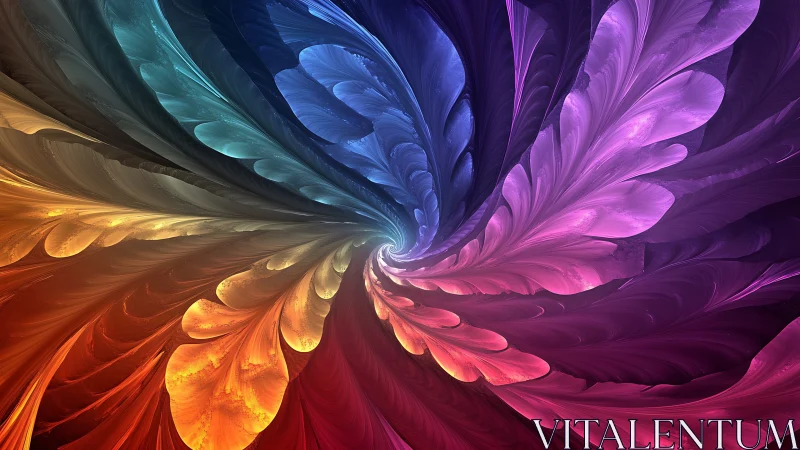 Radial multi‑color fractal plume vortex with feathered curvature