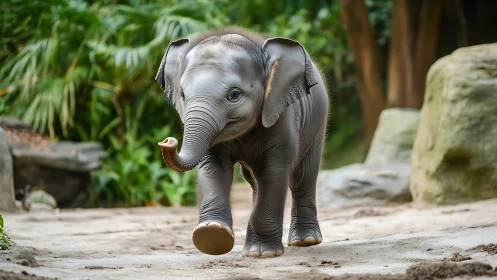 Playful baby elephant trotting through sunlit jungle path.