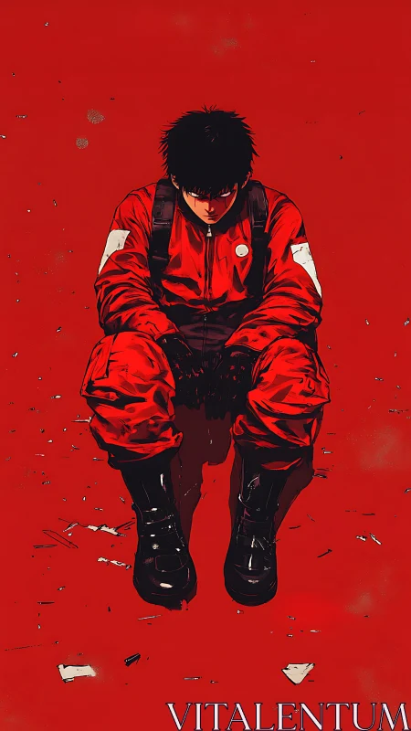 Solitary rider in red suit sits brooding in stark void