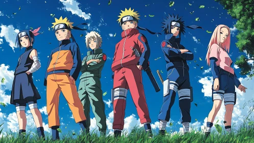 Young ninja team stands on grassy hill under clear sky