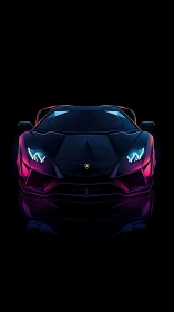 Neon sports car front view in dark minimalist setting.