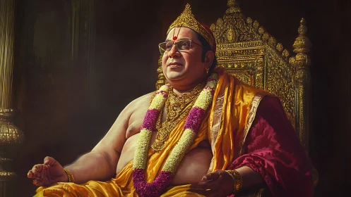 Regal Indian spiritual leader on ornate golden throne portrait