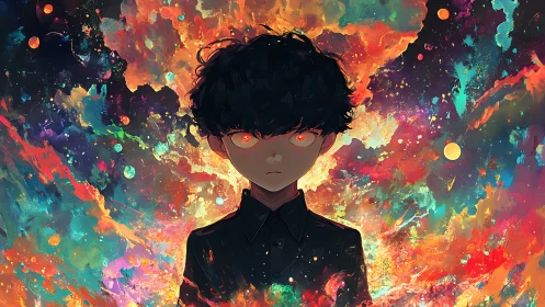 Cosmic nebula backdrop with glowing eyed anime boy silhouette