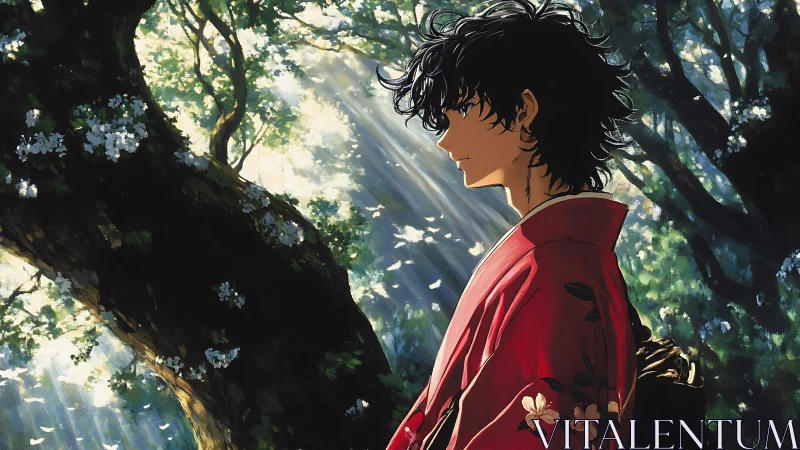 Backlit kimono figure amid high-contrast volumetric forest light.