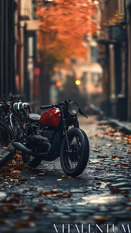Café racer motorcycle on cobblestone alley with autumn bokeh.