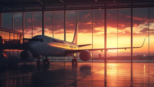 Commercial jet stands at glass-walled gate during sunset
