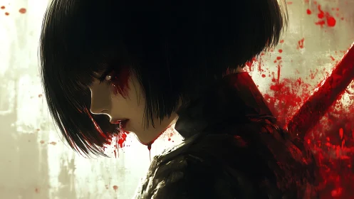 Bloodstained swordswoman in profile against pale light.