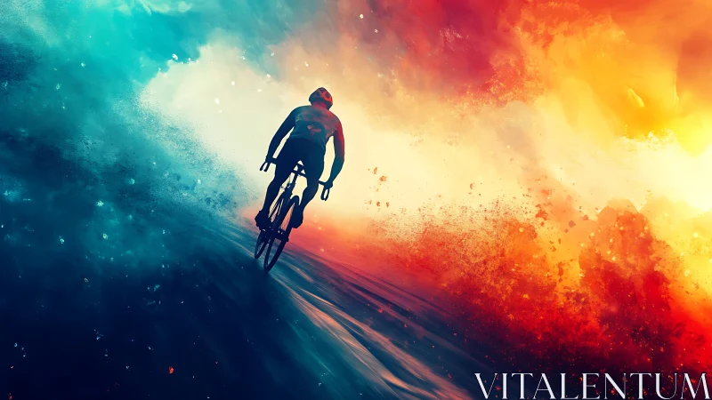 Cyclist silhouette traversing spectral gradient chromatic field.