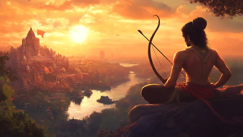 Archer overlooking riverside temple city at sunset.