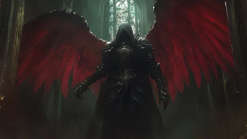 Shadowed angel with crimson wings in a gothic hall.