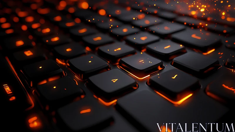 Close-up view of illuminated black keyboard with embers.
