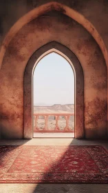 Sunlit desert archway opens onto a quiet distant horizon