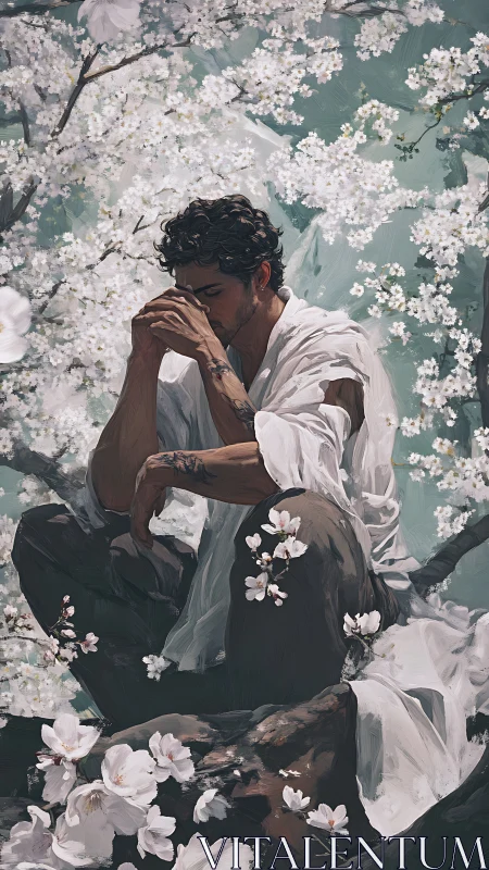 Man seated among blossoming branches in quiet reflection.