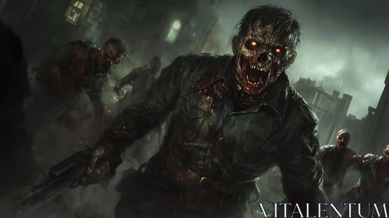 Undead soldier horde advancing through ruined city street.