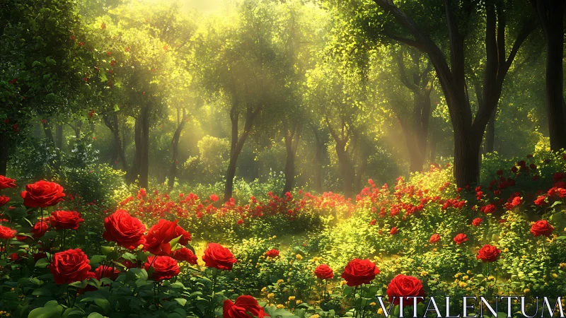 Crimson Garden Awakens in Golden Forest Light.