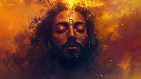 Mystical fire meditation portrait with blazing third eye.