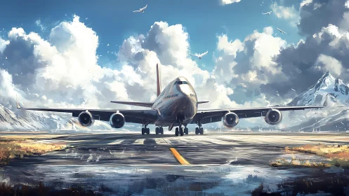 Majestic airliner awaits takeoff beneath colossal painted skies.