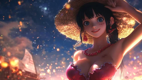 Sunlit anime mariner in straw hat under glowing emberscape.