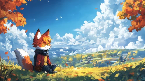 Fox daydreamer under roaming autumn clouds of gold.