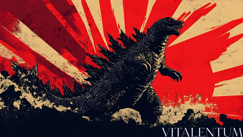 Giant reptilian creature silhouette with radial red backdrop.