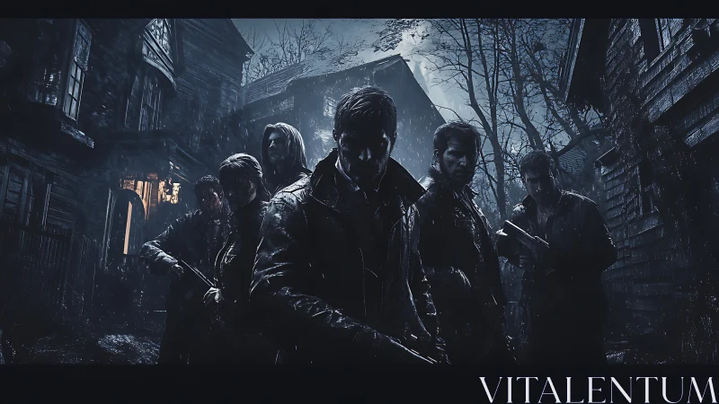 Noir ensemble advances through rain-soaked derelict street at night