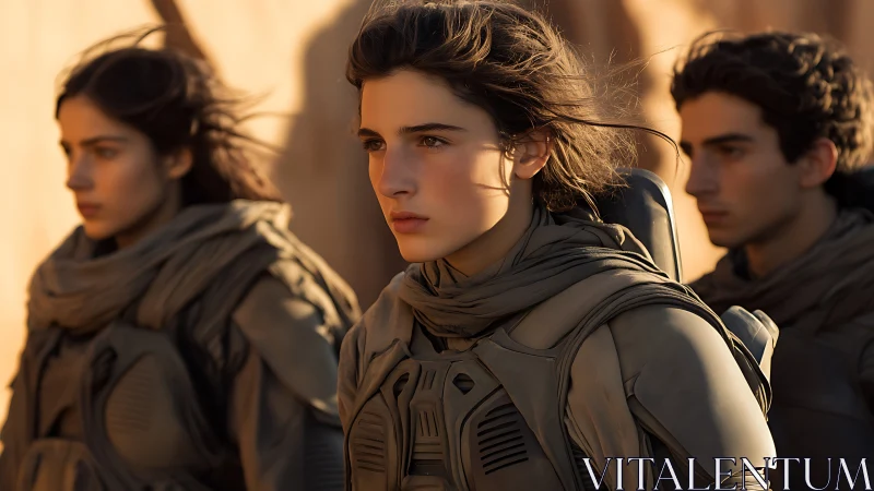 Desert-clad young warriors stride through molten sunlight.