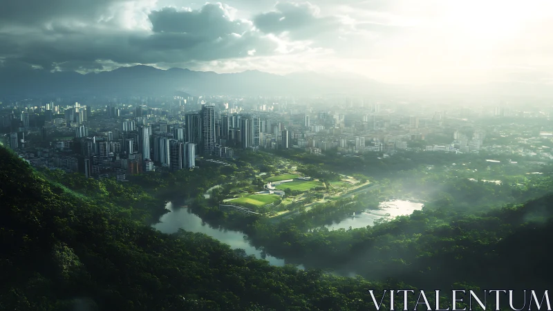 Dense city skyline bordered by forested hills and rivers.