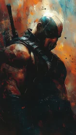 Armored masked warrior in moody chiaroscuro, fiery backdrop