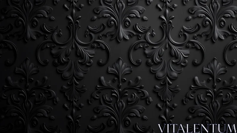Ornate black damask wallpaper creates a dark, luxurious mood