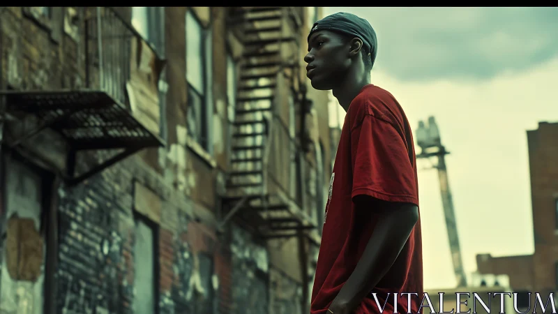Urban side-profile portrait on weathered brick alleyway backdrop
