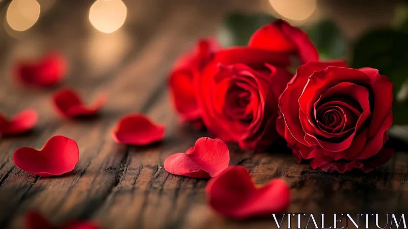 Red Roses with Petals on Wooden Surface.