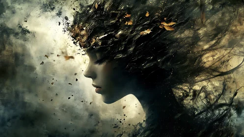 Digital painting profile portrait with dissolving foliage veil.