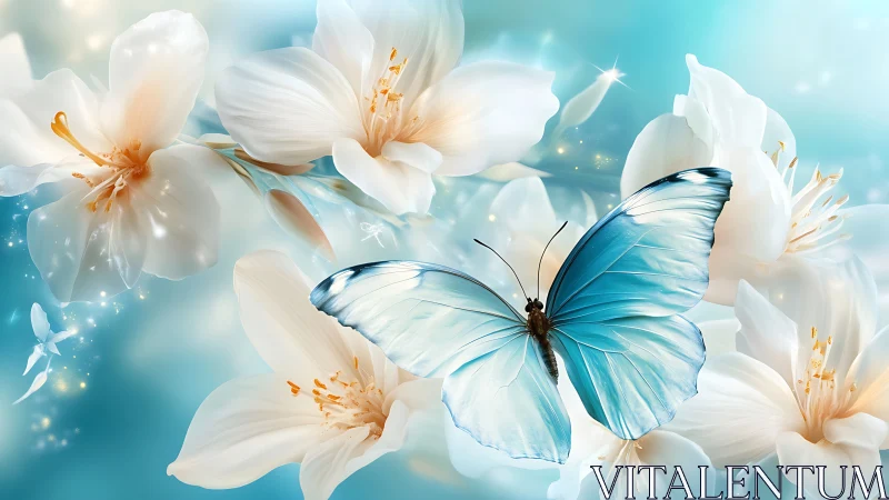 Gentle blue butterfly drifting through soft white blossoms.