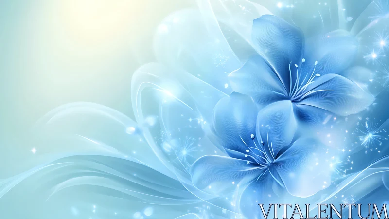 Blue flowers with luminous petals and sparkling light effects.