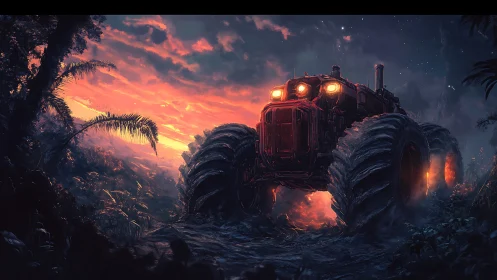 Massive off-road tractor advances through glowing jungle dusk