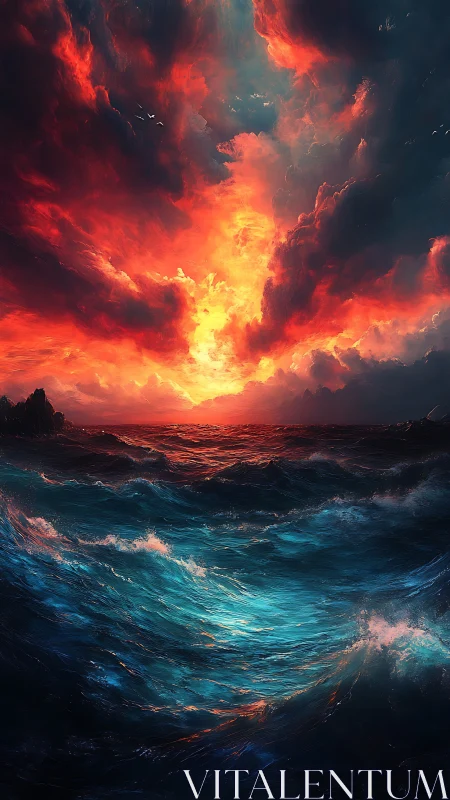 Fiery storm clouds ignite a turbulent, luminescent ocean