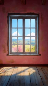 Interior window with rural landscape under clear sky.