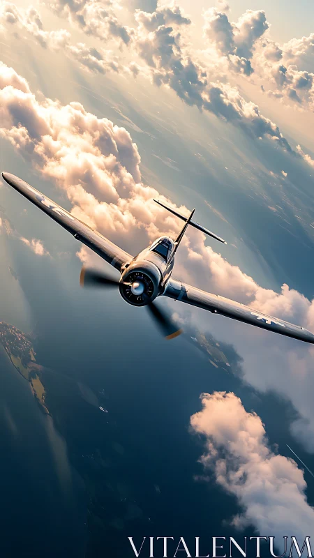 Propeller aircraft maintains banked flight above cloud layer