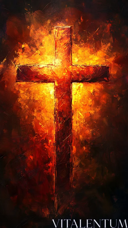 Burning cross glows against dark background in vivid strokes