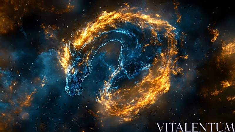 Fiery cosmic horse head forms from swirling nebula flames