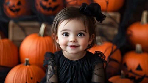 Young Child in Halloween Setting with Pumpkins