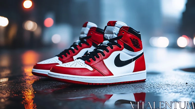 Red and white high-top sneakers on wet city street at night.